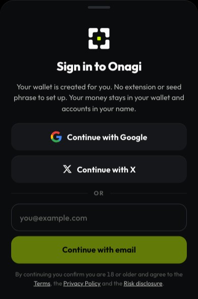 Onagi sign-in options: Google, X and email.